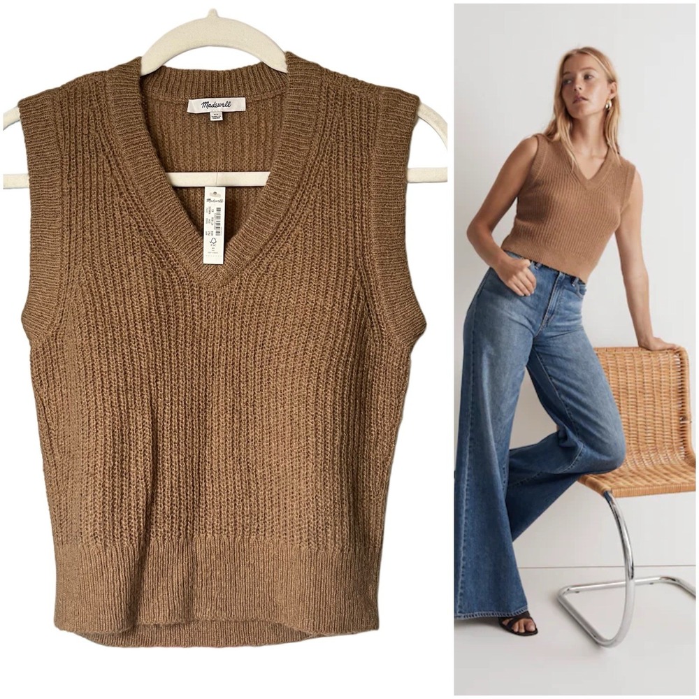 NEW Madewell The Fineloft Shrunken Sweater Vest Womens Brown Alpaca Blend XS